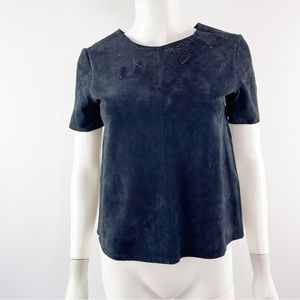 Zara Navy Blue Leather Laser Cut Eyelet Detail Short Sleeve Shirt Size XS